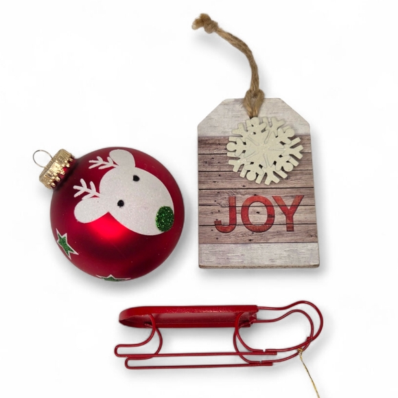 Rustic Woodsy Christmas Ornaments Lot Set Of 3 Sled Wooden Tag Reindeer Bulb - Picture 1 of 8